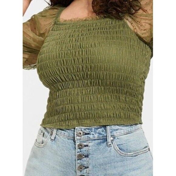 Torrid Dot Mesh Square Neck Smocked Top in Olive Green Plus Size 3X (22-24) - Picture 3 of 12